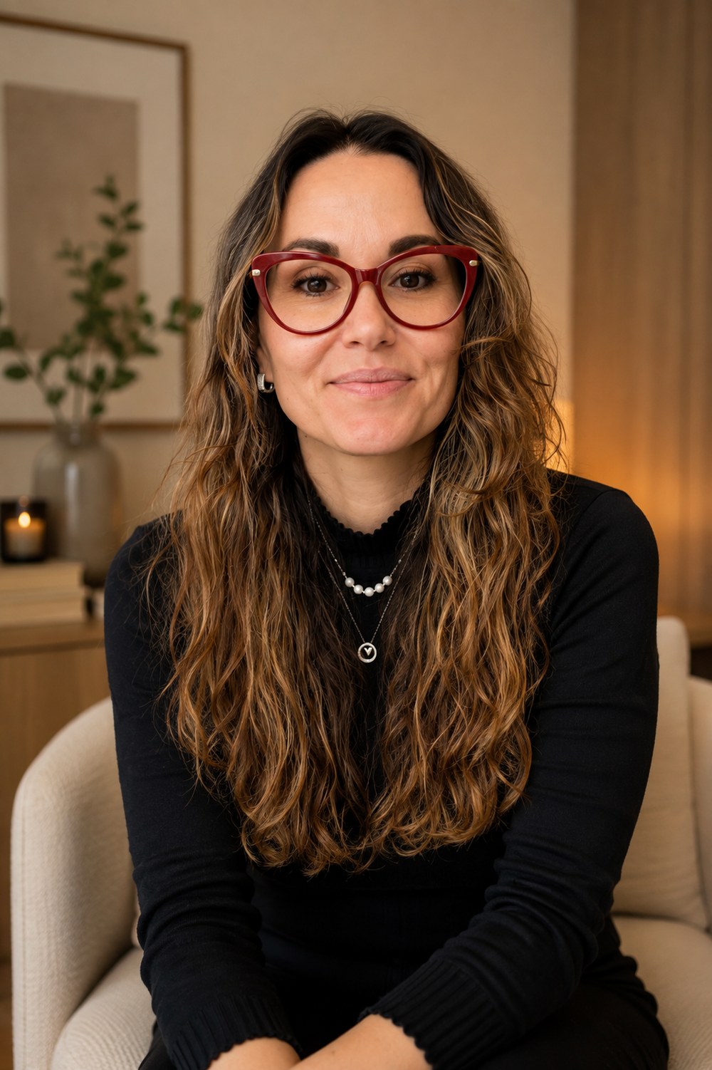 Michelle Negherbon Gross, psicanalista, em ambiente acolhedor